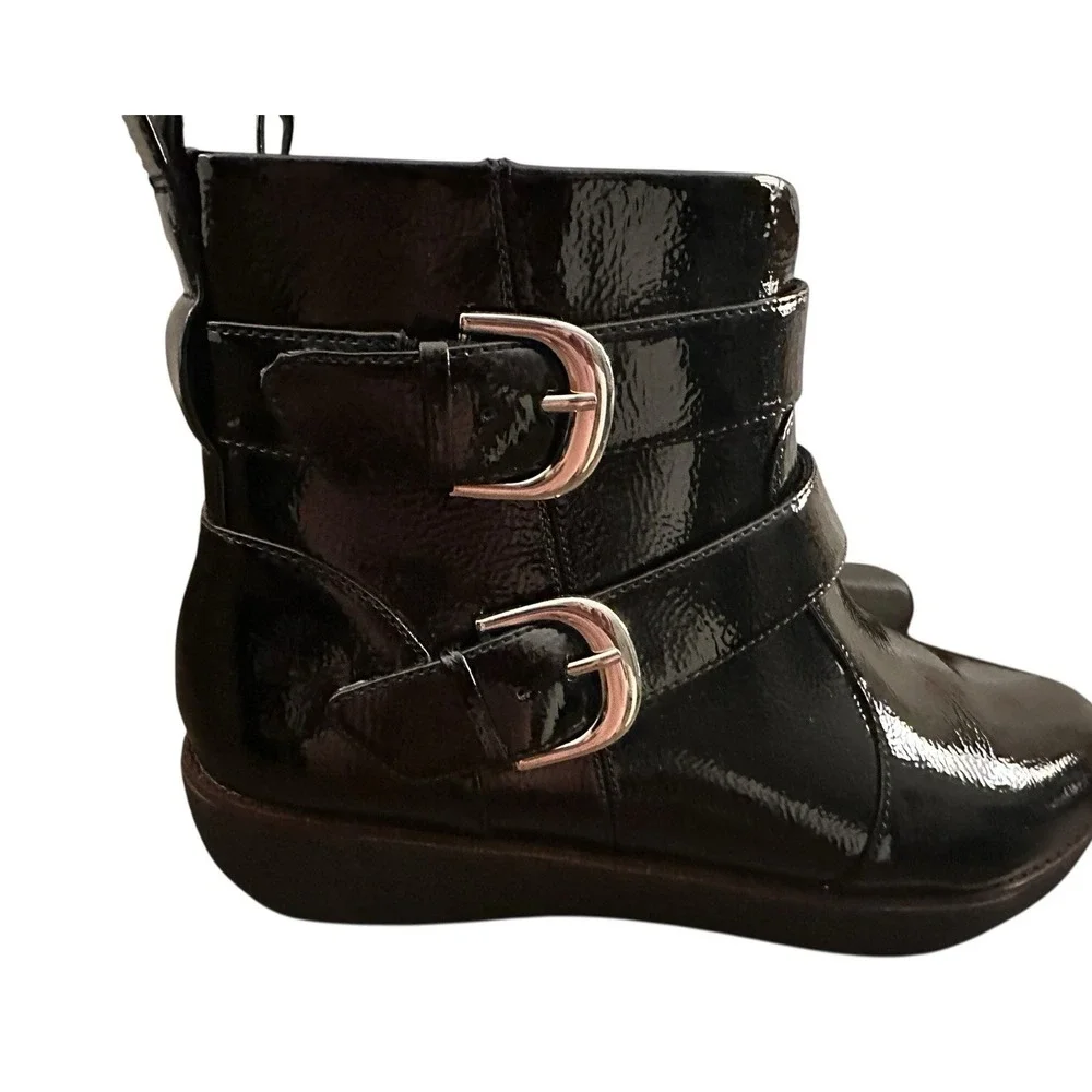 Fitflop Laila Ankle Boots Womens Sz 9 Black Patent Leather Buckle‎ Booties NEW